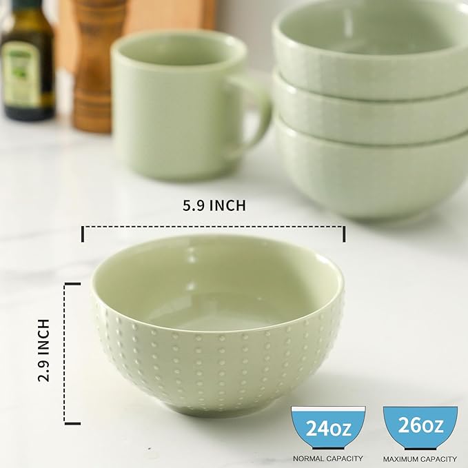 HASENSE Ceramic Cereal Bowls Set of 4, 26 Oz Embossed Soup Bowls for Kitchen, Modern Cereal Bowls, Microwave & Dishwasher Safe, Stackable Serving Bowls for Salad, Pasta, Oatmeal, Fruit, Green