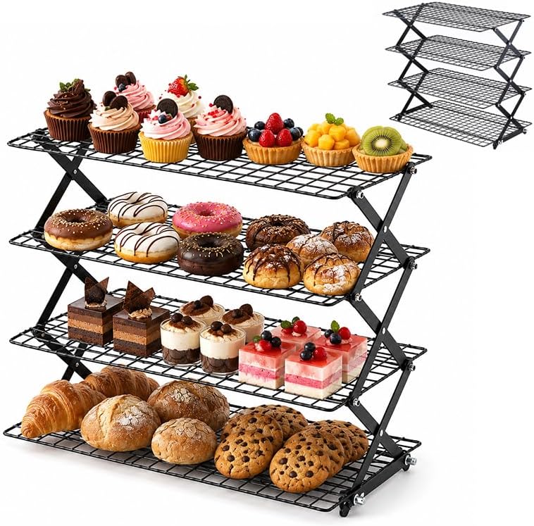 4 Tier Collapsible Cooling Rack, 3-Setting Adjustable Stackable Baking Rack, Foldable Metal Wire Cooling Stand for Cookies, Bread, Pastry, Outdoor Picnic Food Display, Baking Supplies