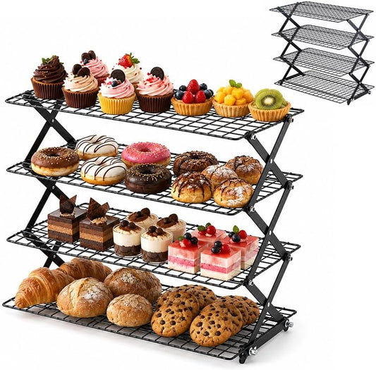 4 Tier Collapsible Cooling Rack, 3-Setting Adjustable Stackable Baking Rack, Foldable Metal Wire Cooling Stand for Cookies, Bread, Pastry, Outdoor Picnic Food Display, Baking Supplies