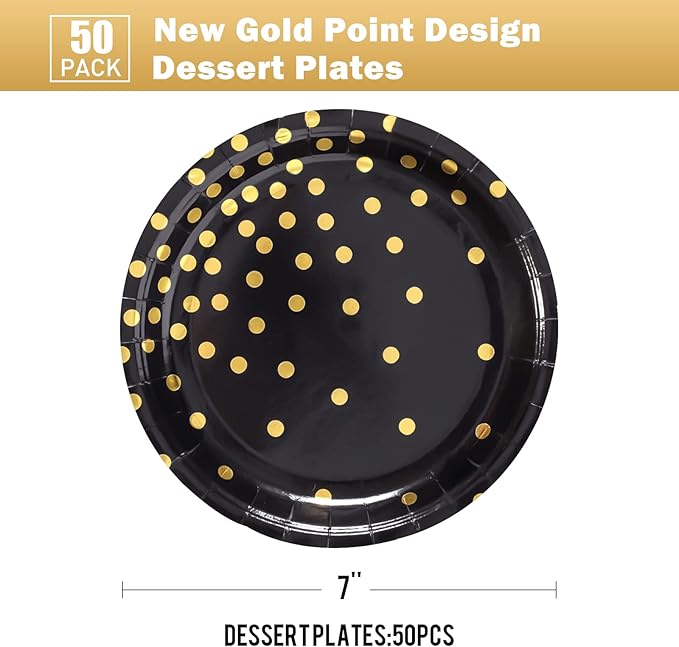 Black and Gold Party Supplies, Black Paper Dessert Plates for Birthday Graduation (50-Count)