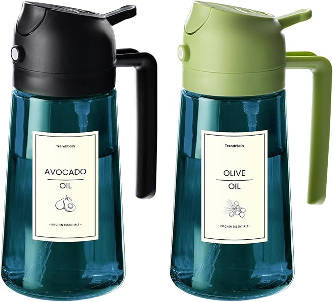 TrendPlain 16oz/470ml Blue Glass Olive Oil Sprayer for Cooking - 2 in 1 Olive Oil Dispenser for Kitchen Gadgets, Air Fryer, Salad, and BBQ - Black & Green