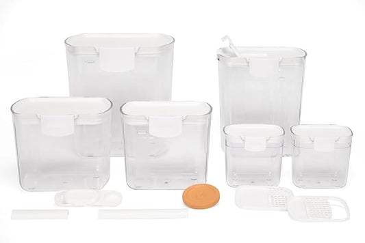 Progressive ProKeeper Baker's Airtight Kitchen Storage Canister Container Set for Flour, Sugar & More, Keeps Ingredients Fresh, with Accessories (White, 6- Piece)