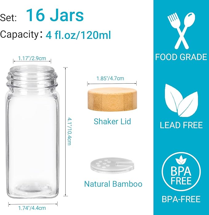 4 oz Glass Spice Jars with Bamboo Lids,16 Pack Spice Containers with Labels and Shaker Lids,120ml Seasoning Containers Empty Spice Jars for Kitchen Storage