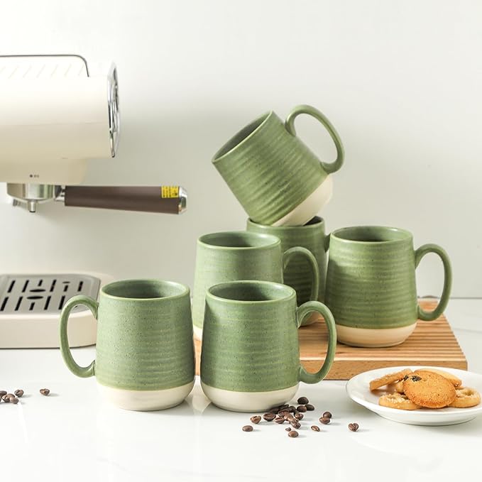 HASENSE Coffee Mugs, 15oz Ceramic Coffee Mugs Set of 6, Large Coffee Cups with Handle for Cocoa, Latte, Tea and Hot Chocolate, Coffee Mugs for Men and Women, Microwave and Dishwasher Safe, Green