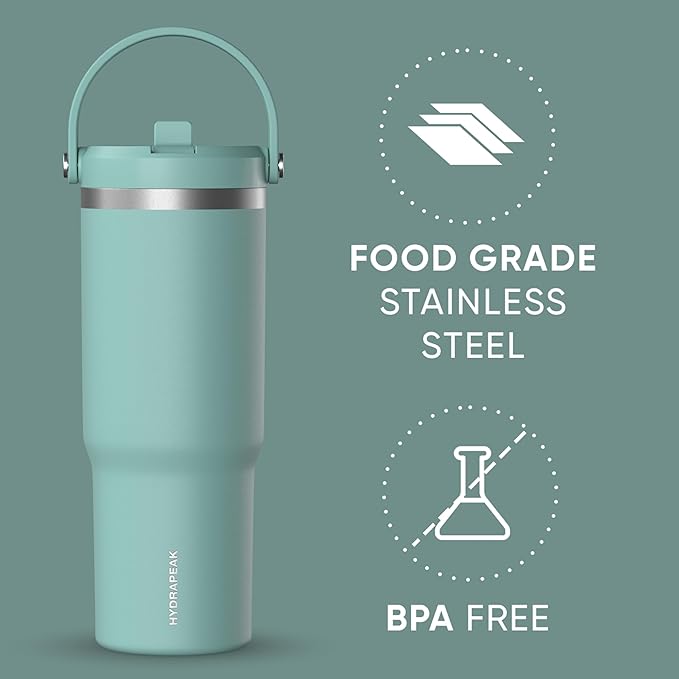Hydrapeak Nomad 32 oz Tumbler with Handle and Straw Lid, Leakproof, Double Insulated, 32oz Cup Stainless Steel (Pale Sage)
