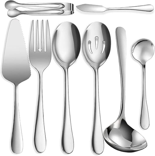 8 PCS Stainless Steel Serving Utensils, Large Serving Spoons Slotted Spoons, Forks, Ice Suger Tongs, Cake Server, Soup Ladle, Metal Utensils Set Great for Buffet Catering Banquet Party, Silver