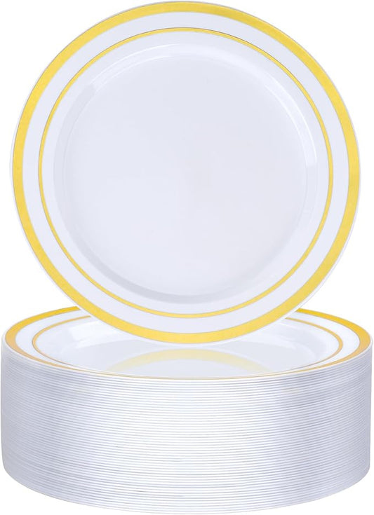 BESTVIP 50PCS 7 Inch Gold Plastic Plates, Small Disposable Dessert Plate with Gold Rim, Small Heavy Duty Disposable Plastic Plates for Party, Wedding and Birthday