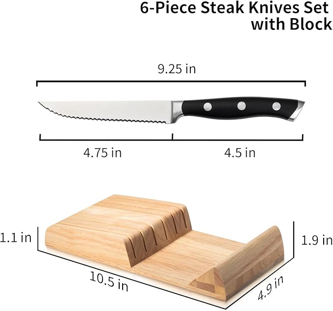 Alata 6-Piece Steak Knives Set with Block, 4.7 Inch with Serrated Edge Razor-Sharp Dinner Knives, Full-Tang Construction