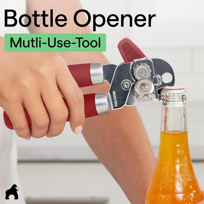 GORILLA GRIP Heavy Duty Stainless Steel Smooth Edge Manual Can Opener and Bottle Openers, Soft Comfortable Handle, Oversized Handheld Turn Knob, US Designed Multifunctional Kitchen Tool, Red