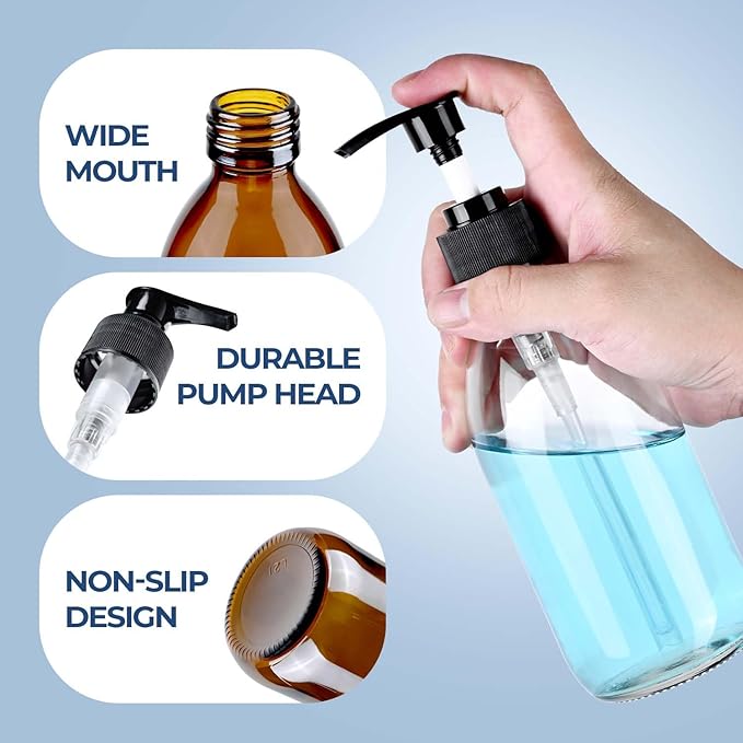 8 oz Glass Pump Bottle, 250ml Small Lotion Dispenser Bottle for Body Massage Oil, Refillable Empty Hand and Dish Soap Dispensers Set with Storage Caps, Labels - Amber & Clear, 2 Pack