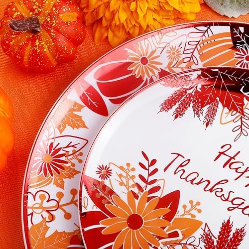 Rubtlamp 60PCS Thanksgiving Plastic Plates, White Orange Pumpkin Plates, Red Disposable Plates with Maple Leaves, Fall Disposable Plates Include 30 Dinner Plates, 30 Salad Plates For Thanksgiving