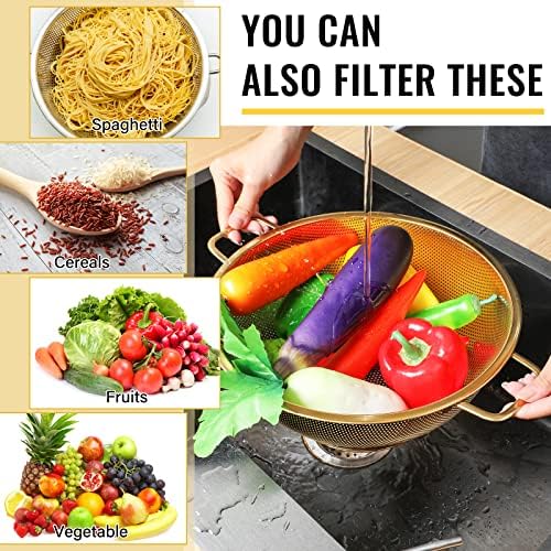 Norme 5 Quart Gold Colander and 3 Metal Fine Mesh Strainer Set