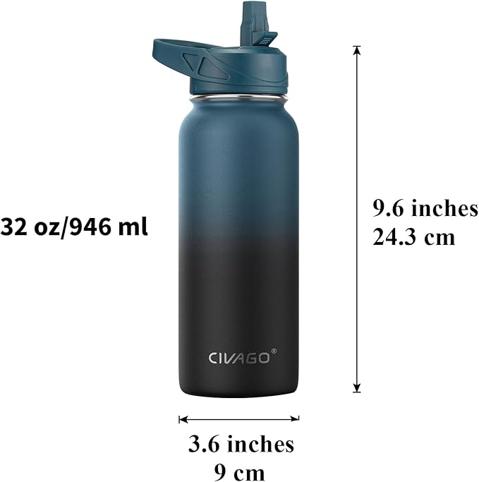 CIVAGO 32 oz Insulated Water Bottle With Straw, Stainless Steel Sports Water Cup Flask with 3 Lids (Straw, Spout and Handle Lid), Wide Mouth Travel Thermal Mug, Tigerlily