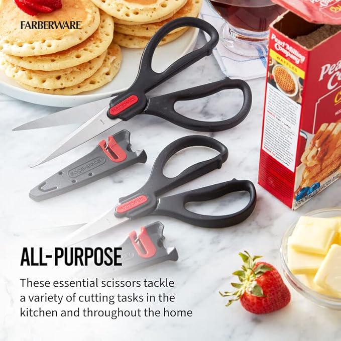 Farberware All Purpose and Utility scissors with Edgekeeper Sharpening Sheaths, Strong and Durable Multi Use Scissors, 2-Piece, Black/Red
