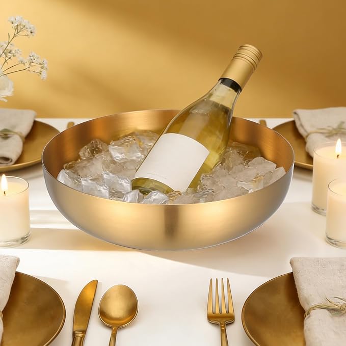 9.4" Stainless Steel Mixing Bowls - 75oz Gold Serving Bowl, Large Metal Decorative Bowl for Salad, Soup, Pasta, Snack, Cooking, Baking, Dishwasher Safe