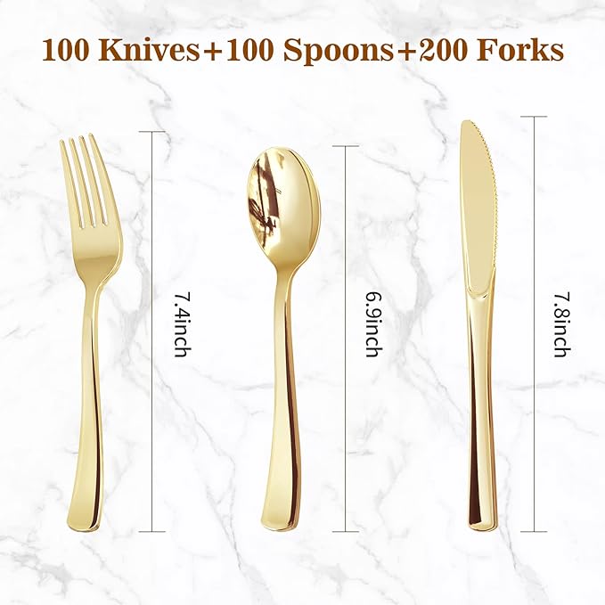 BESTVIP 400PCS Gold Plastic Silverware, Gold Disposable Utensils, Heavy Duty Cutlery Set of 200 Forks, 100 Spoons, 100 Knives for Party, Thanksgiving, Christmas, Birthday, Catering and Daily Use