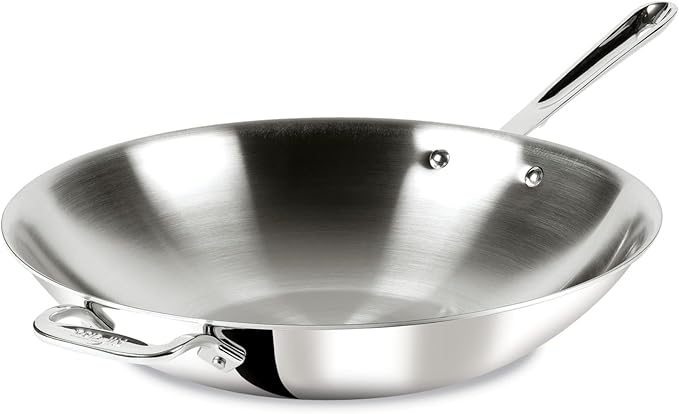 All-Clad D3 3-Ply Stainless Steel Wok 14-Inch, Induction Compatible, Oven Broiler Safe 600F, Stir-Fry Pan, Fast and Even Heat, Cookware, Frying Pan, Kitchen Essential, Pots and Pans, Silver