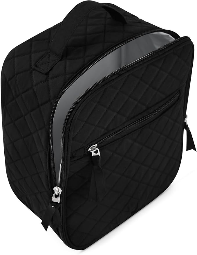 Aileam Lunch Box for Women Black Lunch Bag Quilted Reusable Insulated Cute Lunch Box Aesthetic Tote Bags Floral Cotton Lunch Case for Travel Work Picnic (Black)