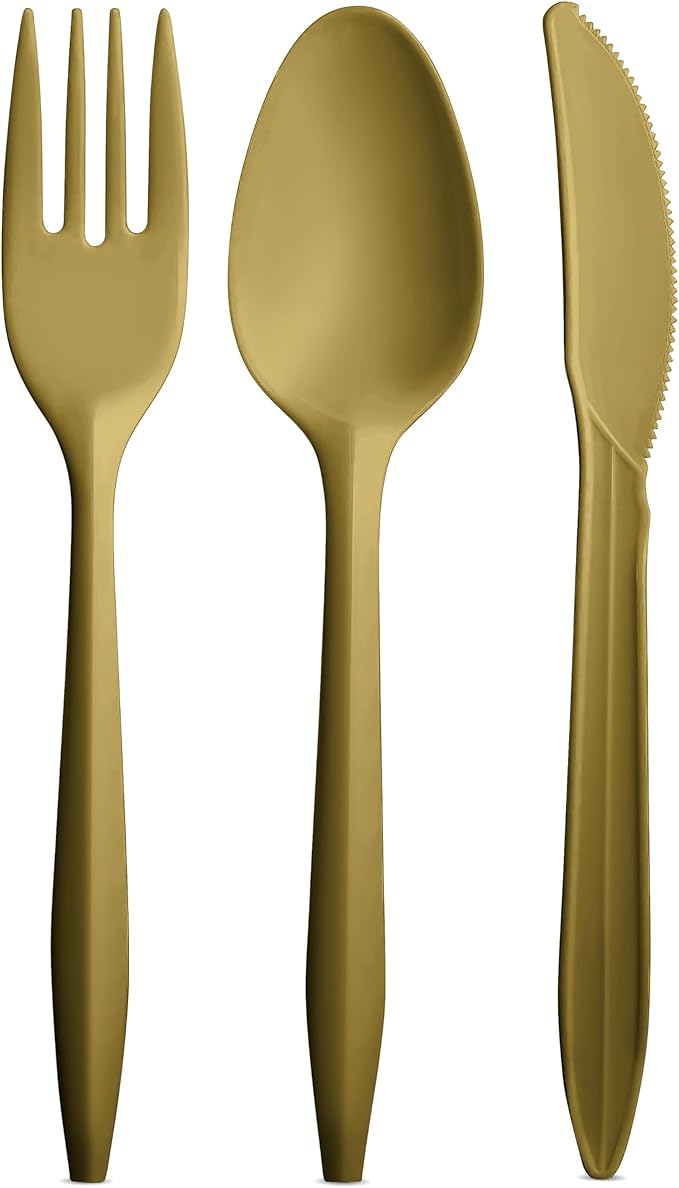 1000 Count Gold Silverware Set, 334 Forks, 333 Spoons, 333 Knives, Medium Weight BPA Free Disposable Plastic Cutlery Set, Bulk Combo Pack Flatware Set for Party Supplies