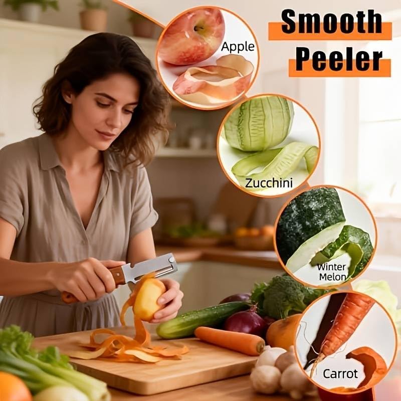 Multifunctional Vegetable Peeler,3 in 1 Stainless Steel Potato Peeler with Bottle Opener,Wooden Handle Fruit&Veggie Peeler for Kitchen,Carrot Apple Peeling Tool, GreenOnion Shredder Kitchen Gadget