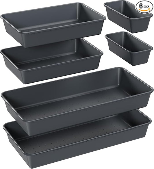 6 PCS Large Drawer Organizer, 3 Sizes Plastic Versatile Desk Drawer Organizer Trays, Kitchen Drawer Organization and Plastic Storage Bins for Makeup, Vanity, Kitchen, Utensils, Office, Bathroom