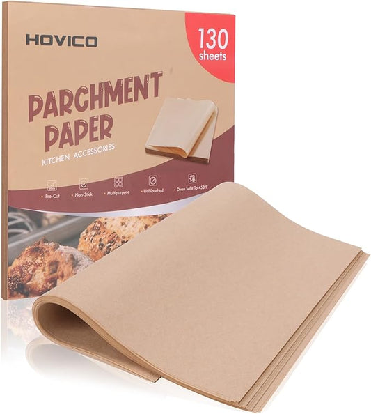 130-Pack Precut Parchment Paper Sheets | 12x12 Inch Unbleached Brown Baking Paper | Heavy Duty Non-Stick Liners for Oven, Air Fryer, Grill & Steaming | Perfect for Baking, Cooking, Wrapping Food