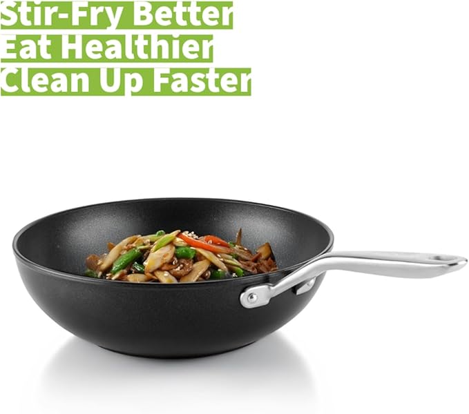 TECHEF - Onyx Collection, 12" Nonstick Flat Bottom Wok/Stir-Fry Pan with Glass Lid, PFOA Free, Dishwasher and Oven Safe, Made in Korea