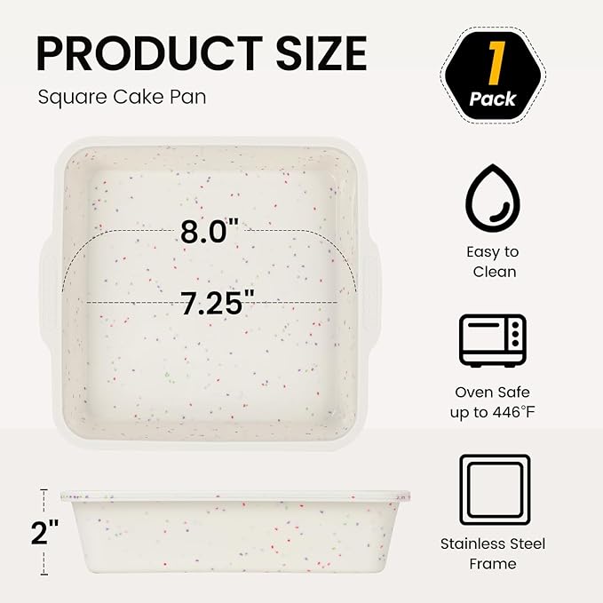 Vinino 8 x 8 Inch Silicone Square Brownie Cake Pan with Metal Reinforced Frame, Nonstick Silicone Brownie Pans BPA Free Suitable for Making Cakes, Brownies, Bread