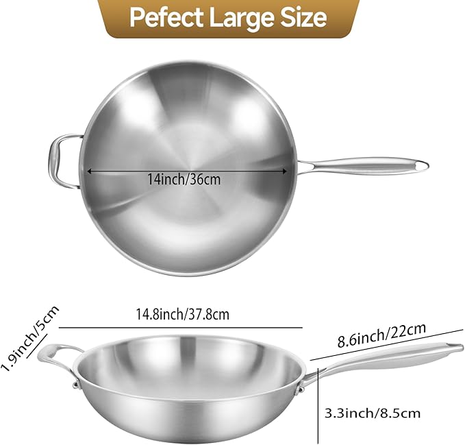 LOLYKITCH 14.5 Inch Stir-Frying Wok Pan, Tri-Ply Stainless Steel Induction Cooking Wok Pan,Dishwasher and Oven Safe,Heavy Duty and Detachable Handle.