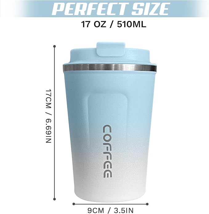 Travel Coffee Mug Leak-Proof, Reusable Coffee Cups with Lids, Stainless Steel Vacuum Insulated Coffee Tumblers, Thermal Insulation Cup for Men and Women Hot & Cold Drinks(2nd-Blue White, 17OZ)