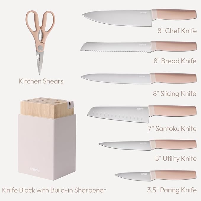 CAROTE 9 Pieces Kitchen Knife Block Set with Sharpener, Dishwasher Safe Knives for Kitchen, Forged Cutlery with Razor-Sharp Stainless Steel Blades, Pink