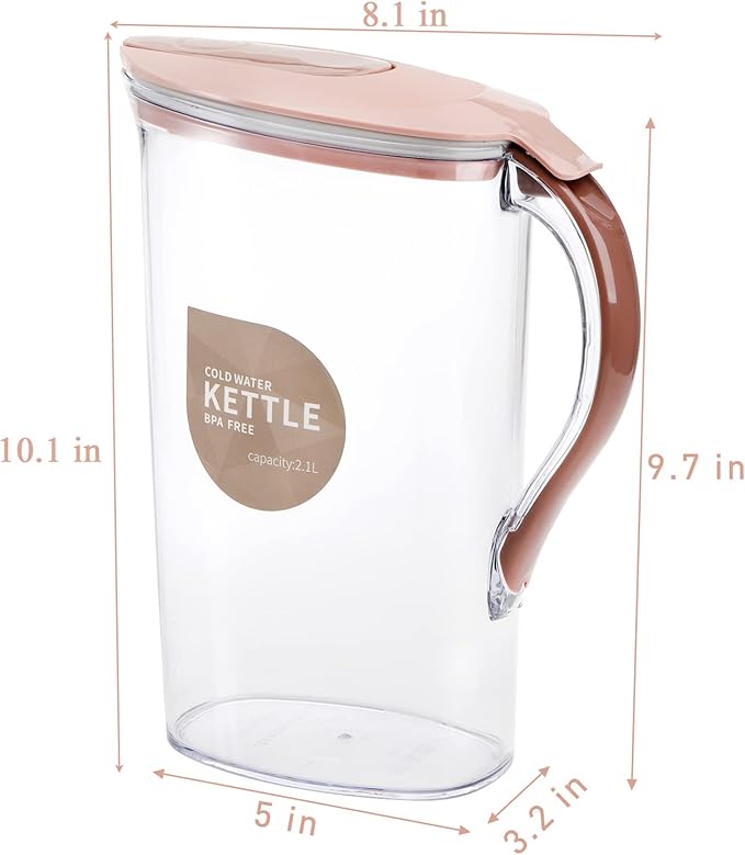 Coloch 2 Pack 2 Quart Plastic Water Pitcher with Flip Top Spout Lid, Clear Slim Water Container for Fridge Door Juice Pitcher with Scale Line for Tea, Lemonade, Handmade Drinks, Blue and Pink