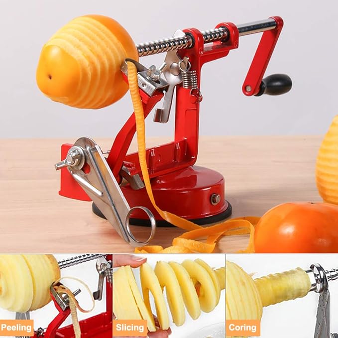 Apple Peeler Slicer Corer 3 In 1, Potato Peelers, Stainless Steel Heavy Duty with Suction Cup Base (vermilion)