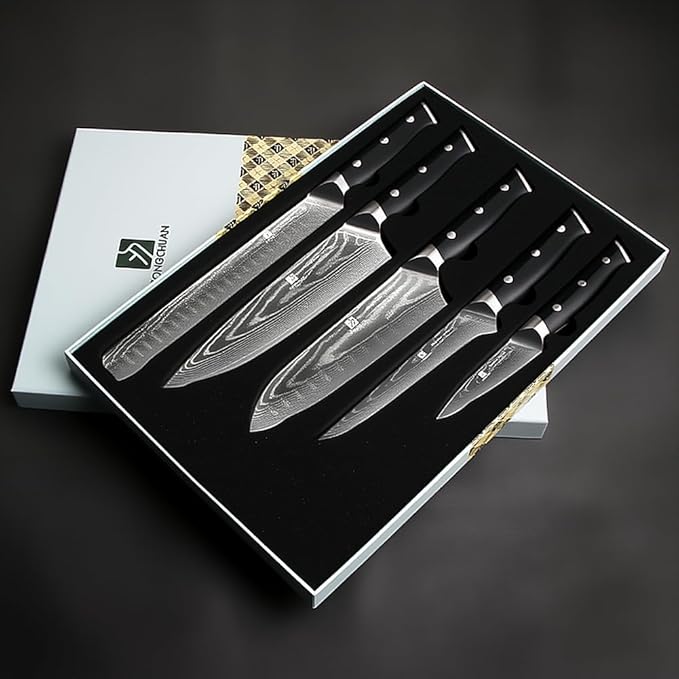 5-Piece Damascus Chef Knife Set: High Carbon Stainless Steel, Professional Ultra Sharp Kitchen Knife Set with Ergonomic Black Handle - Chef/Santoku/Paring/Bread/Brisket/Boning Knives in Gift Box