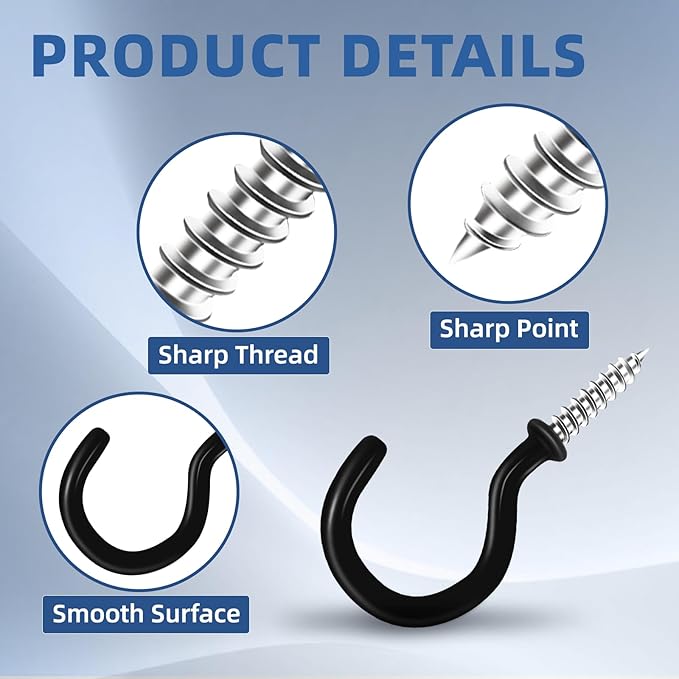2" Black Vinyl Coated Screw-in Hooks, Ceiling Hooks Wall Hooks Hanging Hooks Kitchen Hooks Indoor Outdoor for Cups Decors Plants Utensils Lights Baskets Wreaths, 20 PCS