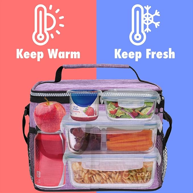 opux Insulated Lunch Bag for Men Women, Leakproof Heather Purple Lunch Box for Work, Portable Soft Lunch Cooler Bag with Shoulder Strap, Adult Lunchbox Lunch Pail for Kid Boy Girl School, 14 Can/8L