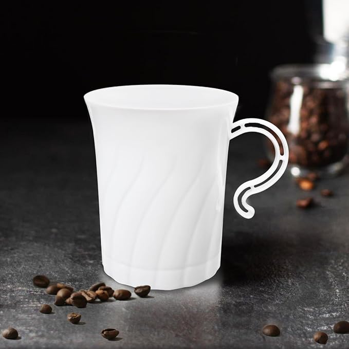 Party Essentials Disposable Plastic 8 oz. Swirled Cups With Handle for Coffee/Tea/Dessert/Fruit/Punch Drinks, White, 20 Count