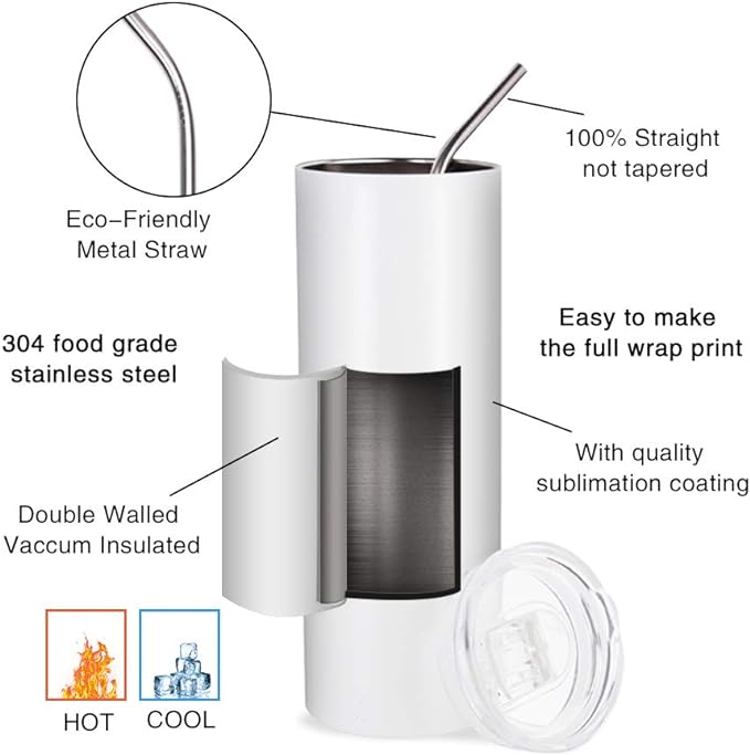 PYD Life Sublimation Blanks Skinny Tumbler White 20 OZ Straight Stainless Steel with Metal Straw for Mug Tumbler Heat Press Machine Sublimation Printing 4 Pack
