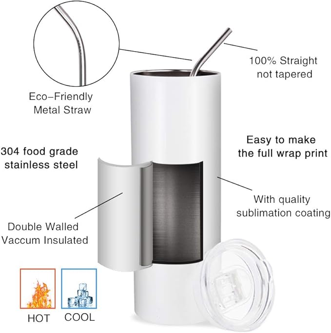 PYD Life 24 Pack Sublimation Tumblers Blanks Skinny 20 OZ White Straight Bulk Stainless Steel Cups with Metal Straw and Lid for Tumbler Heat Press Machine Sublimation Print