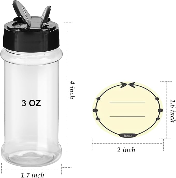 TUZAZO 6 Pcs Spice Bottles Plastic Seasoning Containers, 3 Oz Clear Plastic Spice Jars with Shaker Lids Empty for Spice & Herbs, Powders, Glitters, BPA Free | Heavy Duty | Wide Mouth | Dual Flaps