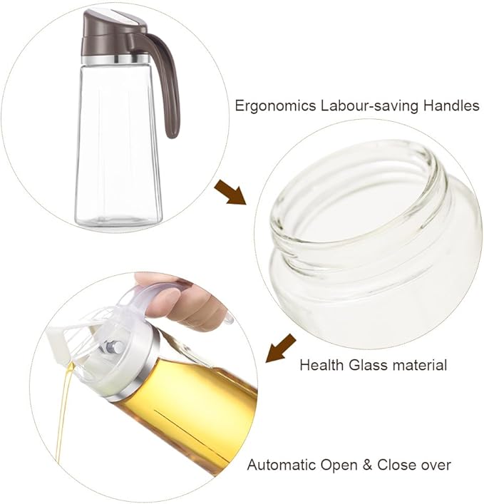 Marbrasse Auto Flip Olive Oil Dispenser Bottle,20 OZ Leakproof Condiment Container With Automatic Cap and Stopper,Non-Drip Spout,Non-Slip Handle for Kitchen Cooking Brown