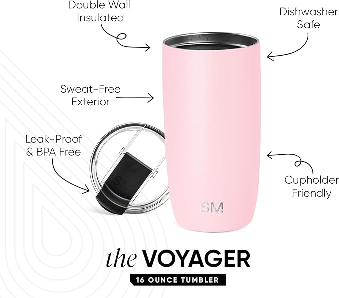Simple Modern Voyager Tumbler with Flip Lid | Travel Coffee Mug | Insulated Stainless Steel Cold Brew Iced or Hot Coffee Cup | Gifts for Women Men Her Him | 16oz, Blush