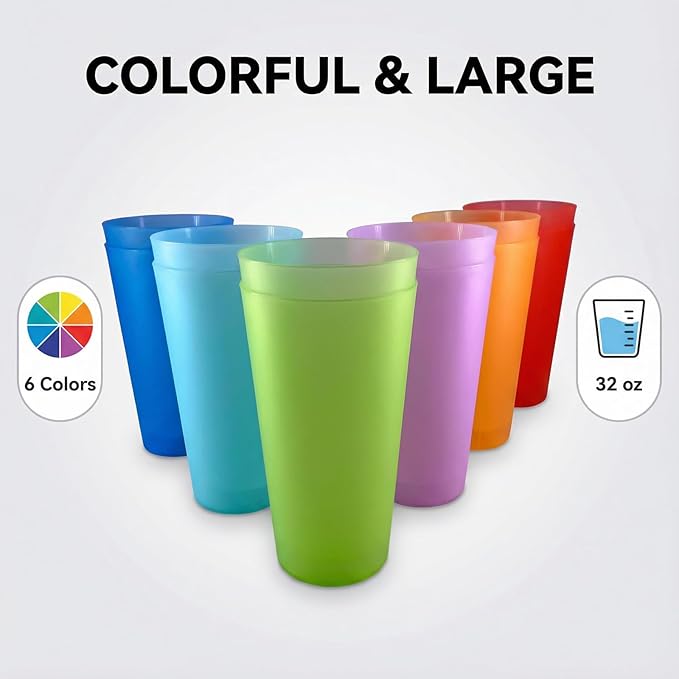 32-ounce Unbreakable Plastic Tumblers - Lightweight Large Drinking Cups set of 12, Reusable BPA-free Dishwasher Safe | Stackable
