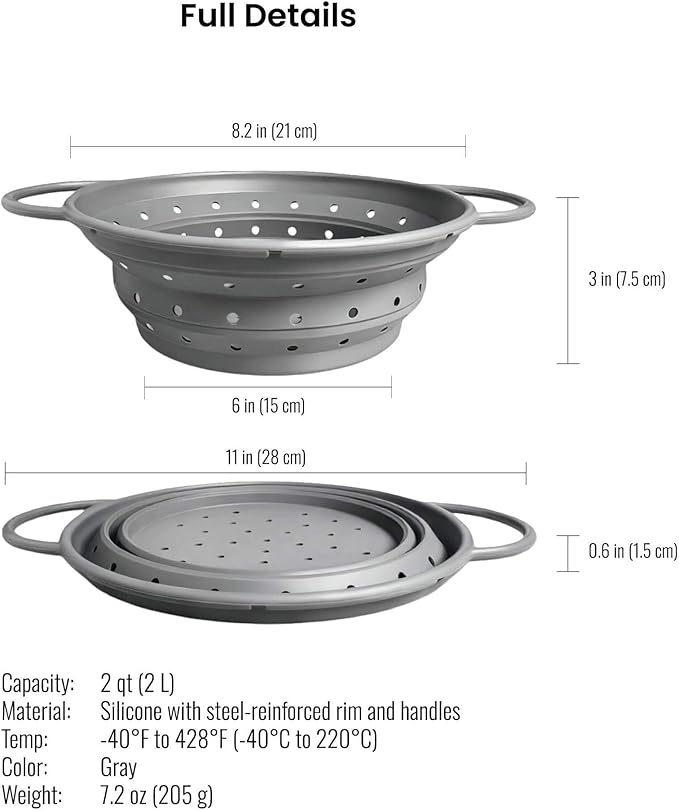 2-Quart Silicone Collapsible Colander – For Kitchen Use, Pasta Strainer, Strainers & Collapsible Strainers (Slate Gray, 2-Quart)