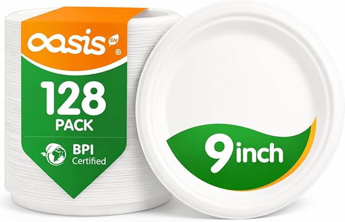 9 Inch 128 Pack Compostable Disposable Paper Plates, Dinner Plates, Heavy Duty Sugarcane Bagasse, Biodegradable Eco-Friendly, Soak Proof & Cut Resistant, Unbleached White