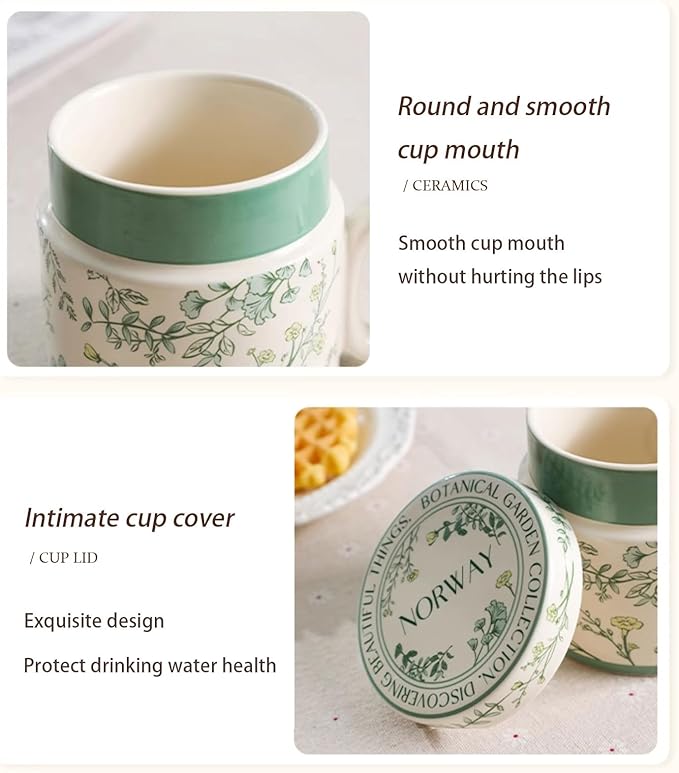 12.9oz Ceramic Coffee Mug with Lid,Flower Patterned Porcelain Mug,Ceramic Tea Cup Coffee Latte Mug for Office and Home,Green,1 Piece