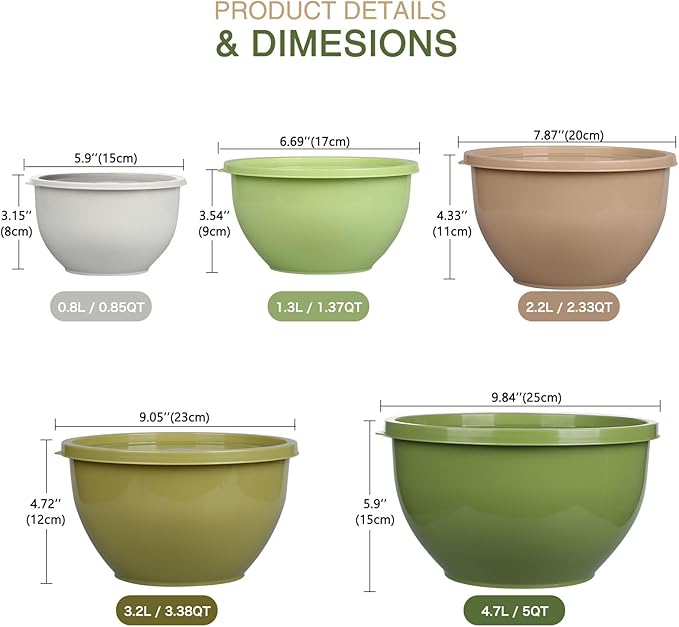 Plastic Mixing Bowls with Lids Set for Kitchen, Nesting Bowls for Mixing, Baking, Prepping, Cooking and Serving Food, Mixing Bowls Dishwasher, Microwave Safe (Green)
