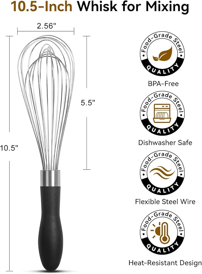 10 Inch Whisk, Sturdy Stainless Steel Wire Whisk with Non-Slip Grip - Dishwasher Safe & Rust Resistant Kitchen Tool for Cooking, Blending, Whisking & Mixing Batter