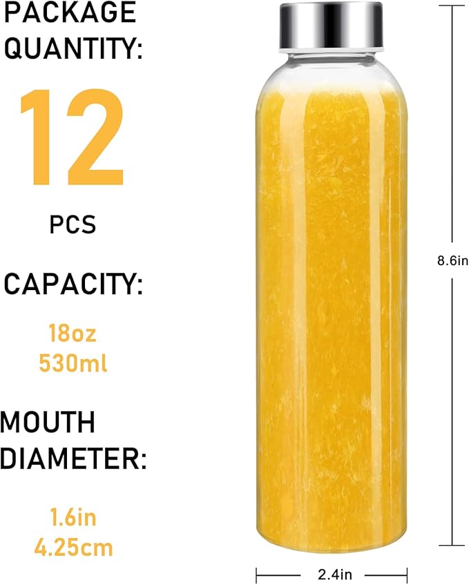 Sursip [12 Pack] 18 oz Glass Water Bottles with Lids, Juice Bottles, Clear glass juice bottle for juicing, Eco-Friendly Reusable Glass Juicing Bottles with Stainless Steel Lid, BPA Free,Leak-Proof
