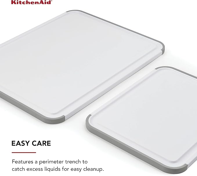 KitchenAid Classic Nonslip 2-Piece Plastic Cutting Board Set with Perimeter Trench and Non Slip Edges, 2-Piece Kitchen Chopping Boards, Dishwasher-Safe, White and Gray